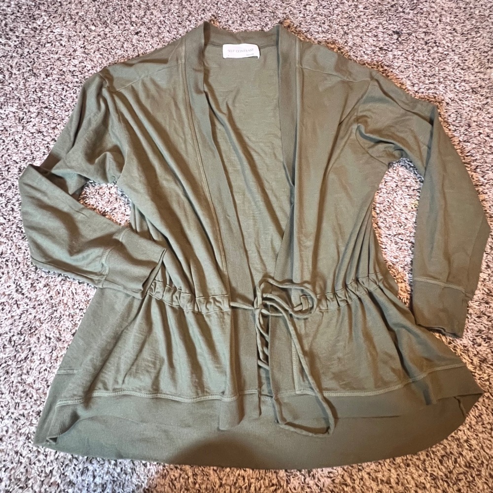 Self Contrast Olive Green Drawstring Waist Slub Knit Cardigan Small Made‎ in USA